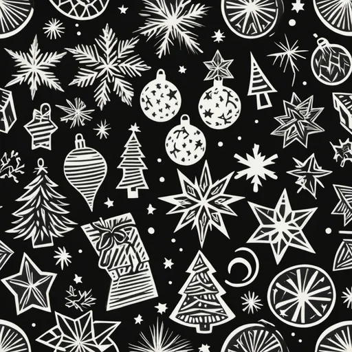 Prompt: Desing linocut  repating pattern; black and white  with Christmas theme.