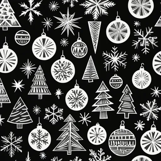 Prompt: Desing linocut  repating pattern; black and white  with Christmas theme.