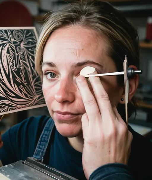 Prompt: An artist engaged in printmaking, pulling a linocut print off the press in a studio.