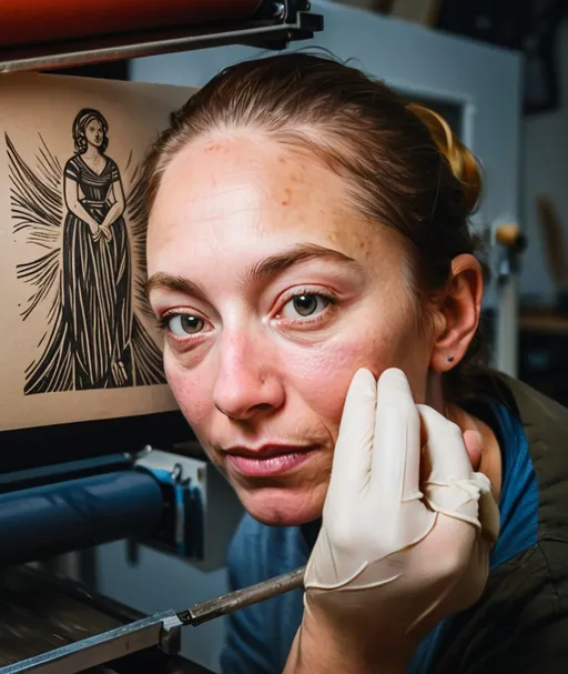 Prompt: An artist engaged in printmaking, pulling a linocut print off the press in a studio.