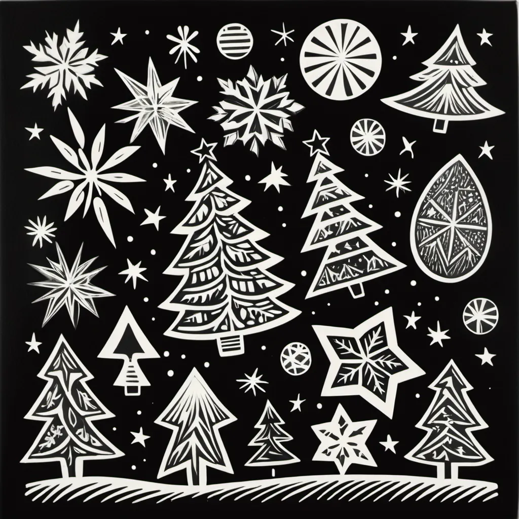 Prompt: Desing linocut  repating pattern; black and white  with Christmas theme.