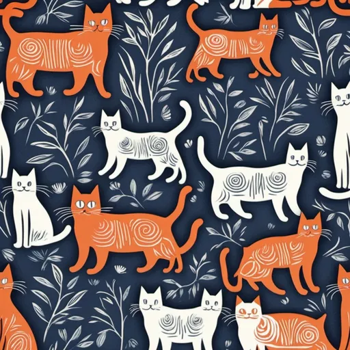 Prompt: Create a linocut textile pattern with cats.