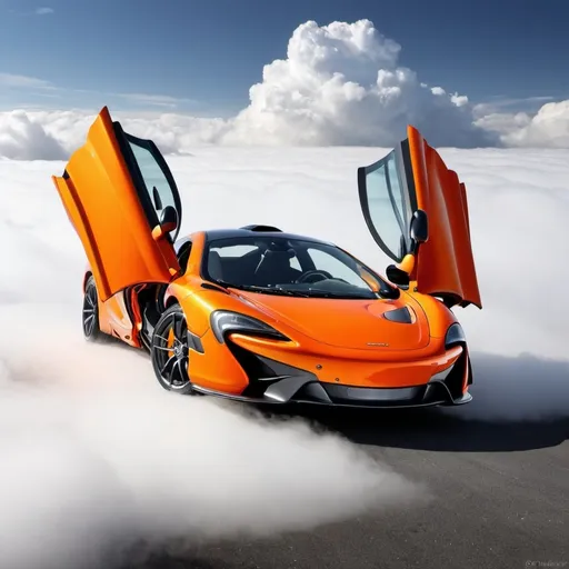 Prompt: mclaren orange qui vole dans les nuages