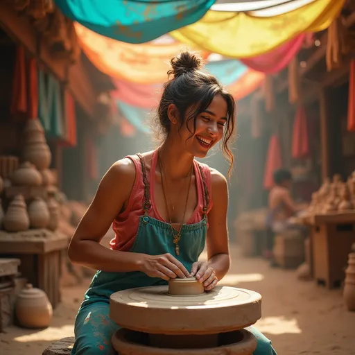 Prompt:  A cinematic scene of a young traveler (20s, gender-neutral, diverse) laughing while shaping clay on a pottery wheel in a bustling outdoor market, surrounded by colorful stalls (turquoise/coral fabrics) under warm sunlight. A subtle world map silhouette fades into the background. Style: hyper-realistic, vivid turquoise (#40C4FF), coral (#FF6F61), yellow (#FFCA28), dynamic lighting, adventurous vibe, 1080x1080px.busi i has to have a business environment of  blending travel, nature, and authentic local experiences, where travelers can explore different  destinations in world with the guidance of locals. The atmosphere is warm, human, and inspired by nature, offering a unique and peaceful experience, distinct from conventional tours with a theme of learning