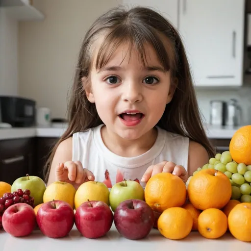 Prompt: little girl getting substanial amount of fruit
