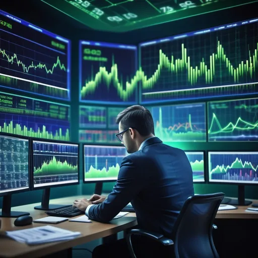 Prompt: (Share Market Trading), a focused man analyzing stock charts, surrounded by vibrant graphs and fluctuating line charts, deep blue and green tones glowing softly, ambiance of intensity and concentration, dynamic and energetic atmosphere, ultra-detailed, HD quality, modern office background adorned with trading screens and financial reports.