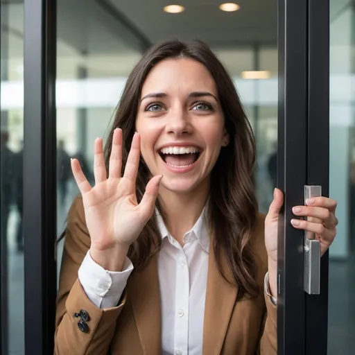 Prompt: brunnete woman with a ''smiling face'' trying to get in a corporate building. she is standing out at the door looking to inside. the image we can see her from the inside perspective and she is in the outside. there is a glass dor between her and ''us''
she has 5 fingers on each hand.
she is happy but not screaming.
she is smilling with her eyes shining with little tears.

