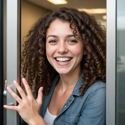 Prompt: Brunette woman with curly hair with a ''smiling face'' trying to get in a corporate building. 

she is standing out at the door looking to inside. 

the image we can see her from the inside perspective and she is in the outside. 

there is a glass door in between her and ''us''. 

her mouth is close and she is smiling
the hands are down in the image.

she is happy but not screaming.
