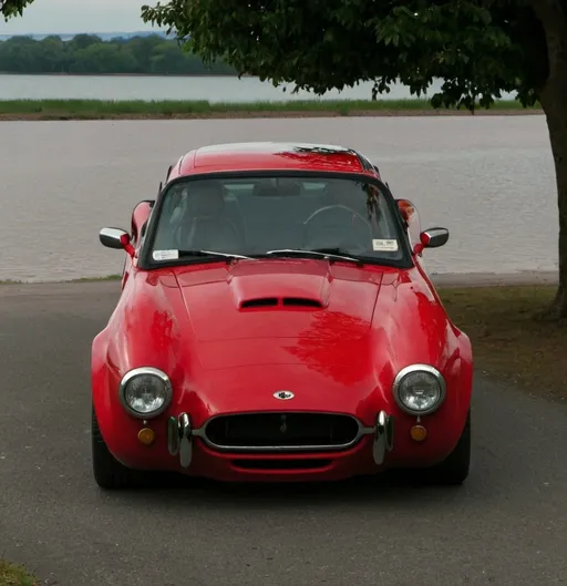 Prompt: a red car parked in a parking lot next to a tree and a body of water in the background, Cornelisz Hendriksz Vroom, cobra, profile picture, a picture