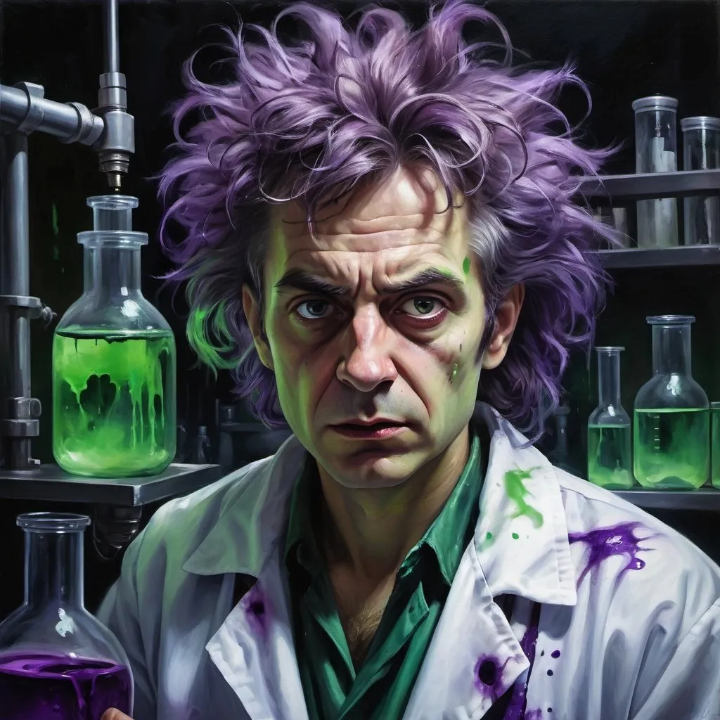 Prompt: Mad scientist in laboratory, realistic oil painting, chaotic experiment equipment, dramatic lighting, intense expression, disheveled hair, lab coat covered in stains, eerie green and purple tones, high contrast, detailed facial features, atmospheric shadows, ominous atmosphere