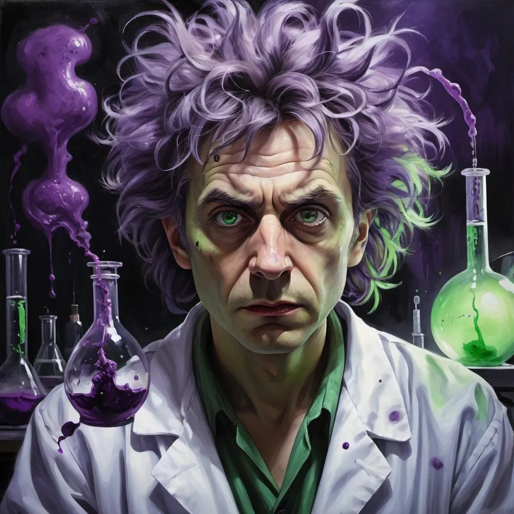 Prompt: Mad scientist in laboratory, realistic oil painting, chaotic experiment equipment, dramatic lighting, intense expression, disheveled hair, lab coat covered in stains, eerie green and purple tones, high contrast, detailed facial features, atmospheric shadows, ominous atmosphere