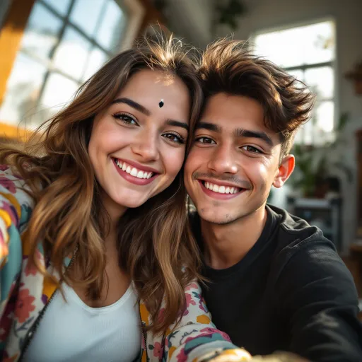 Prompt: In a casual indoor setting, two friends pose closely for a selfie, radiating youthful energy and joy. The person on the left, a girl with light brown hair, sports a white top and a colorful jacket, adorned with a small bindi on her forehead, suggesting cultural significance. She flashes a warm smile, while the boy beside her, dressed in a black shirt, gazes intently at the camera, enhancing the sense of camaraderie between them. Sunlight filters through nearby windows, casting a soft, warm glow over the scene, which is characterized by its bright colors and relaxed atmosphere, capturing a moment of friendship. The compositional angle foregrounds their cheerful expressions, inviting viewers into this intimate picture of shared happiness.