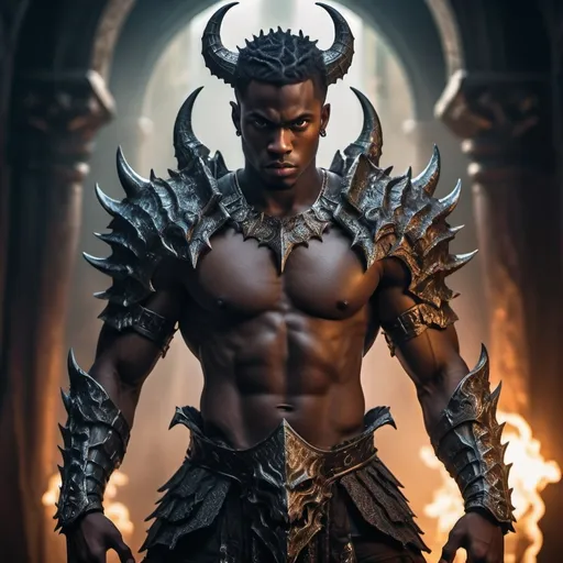 Prompt: (young black man), (armored demon king), standing back to back, (protector), detailed facial features, strong expressions, dramatic lighting, epic fantasy atmosphere, dark and rich color tones, dynamic pose, fantastical elements in the background, mystical aura, high level of detail, ultra-detailed, cinematic depth.