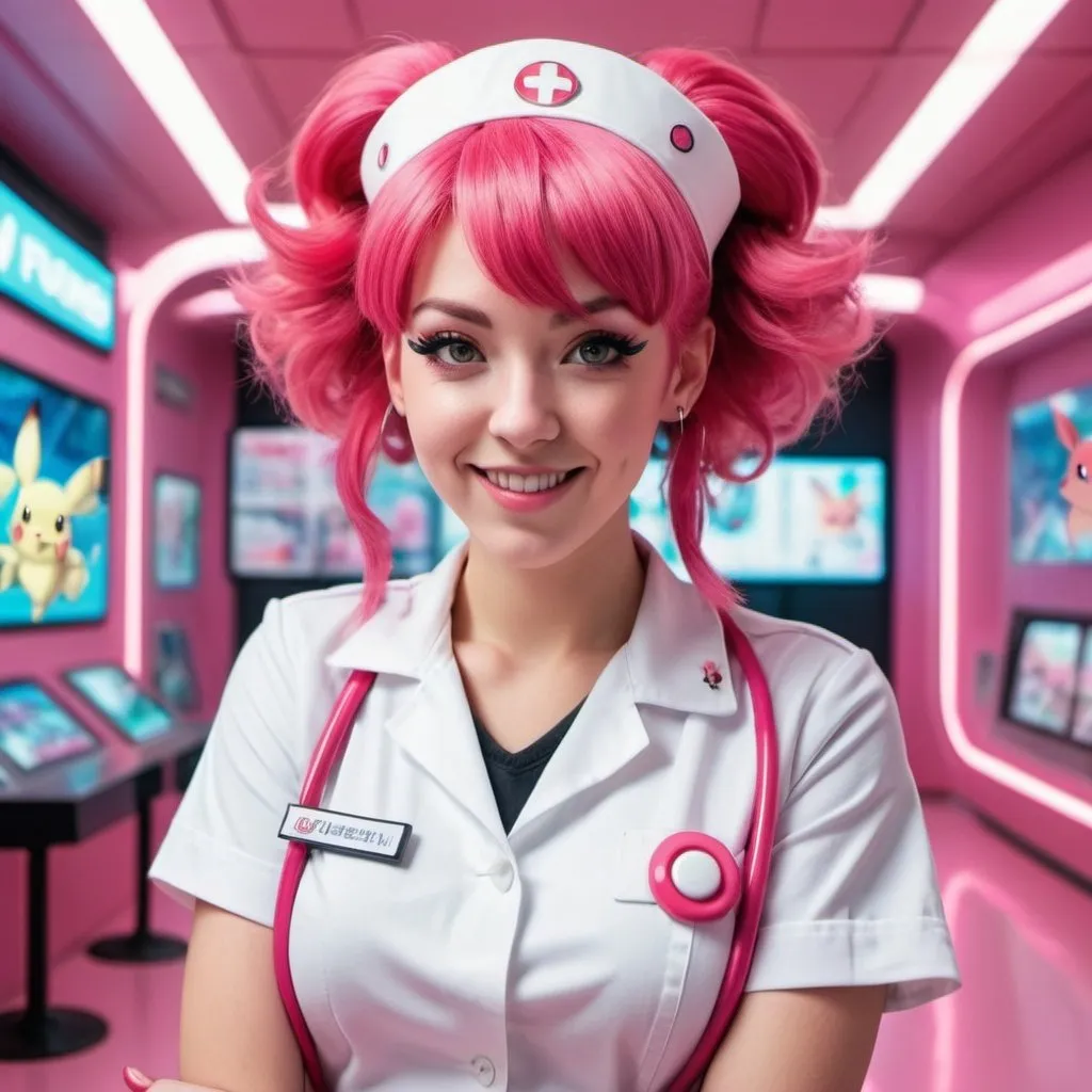 Prompt: a beautiful woman as Nurse Joy from Pokemon with looped pink hair and bangs, posing for photo with a wink, interior of futuristic Pokemon Center, futuristic, high contrast, detailed face, 8k, pokeballs