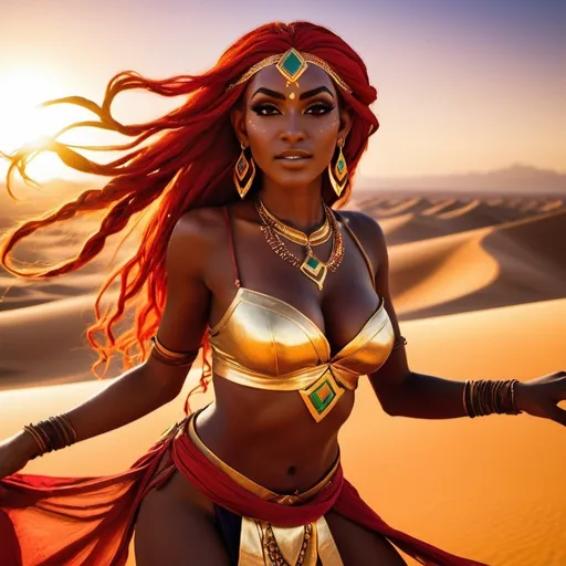 Prompt: a beautiful and fit dark skinned Gerudo woman from Legend of zelda is dancing with silk ribbon in the desert, with massive cleavage, long pointy elf ears, long neon red hair, detailed face, gold hena makeup, gold earrings, gypsy attire, sunset, high contrast, realism, detailed face, skin pores, lens flare