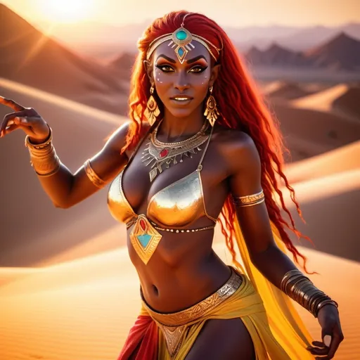 Prompt: a beautiful and fit dark skinned Gerudo woman from Legend of zelda is dancing in the desert, with massive cleavage, long pointy elf ears, long neon red hair, detailed face, gold hena makeup, gold earrings, gypsy attire, sunset, high contrast, realism,  detailed face, lens flare