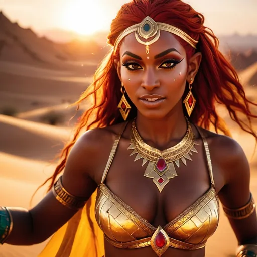 Prompt: a beautiful and fit dark skinned Gerudo woman from Legend of zelda is dancing in the desert, with massive cleavage, long pointy elf ears, long neon red hair, detailed face, gold hena makeup, gold earrings, gypsy attire, sunset, high contrast, realism, detailed face, skin pores, lens flare, heat waves, mirage