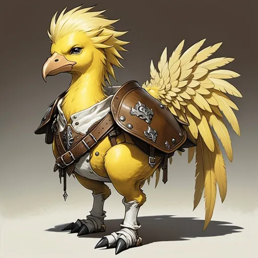 Prompt: A painting of a chocobo from Final Fantasy tactics, with yellow feathers and a leather saddle, art by Akihiko Yoshida, 2D image
