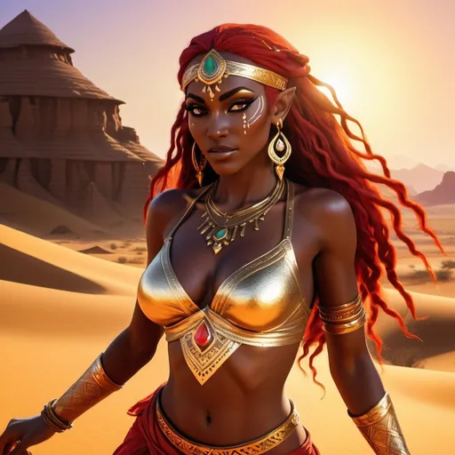 Prompt: a beautiful  and fit dark skinned Gerudo woman from Legend of zelda is dancing in desert, with massive cleavage, large chest, long pointy elf ears, long neon red hair, detailed face, gold hena makeup, gold earrings, gypsy attire, sunset, high contrast, realism
