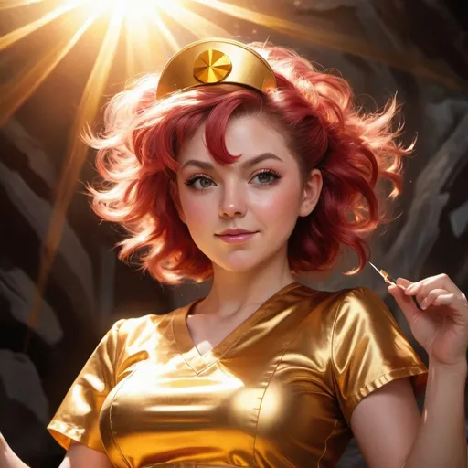 Prompt: Nurse Joy from Pokémon as a sun goddess, molten hair, gold dress, lens flair, sun rays, high contrast, oil painting