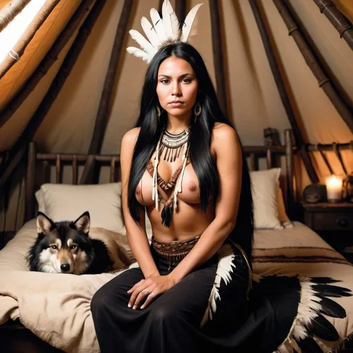 Prompt: a beautiful cherokee woman with dark skin, large chest, wearing feathers in long black hair, tight traditional outfit, realistic, high contrast, posing for photo on animal skin bed, teepee interior 