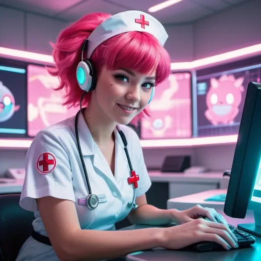 Prompt: a beautiful woman as Nurse Joy from Pokemon with looped pink hair and bangs, typing on holographic computer, interior of futuristic Pokemon hospital, futuristic, high contrast, detailed face, 8k, red neon lights, white walls, happy expression 
