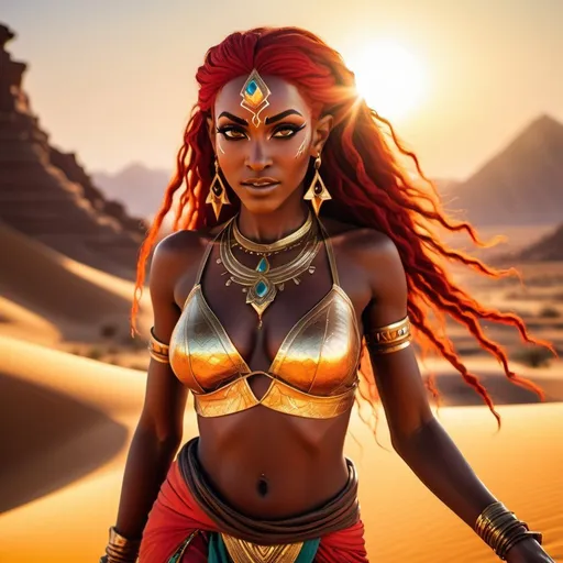 Prompt: a beautiful and fit dark skinned Gerudo woman from Legend of zelda is dancing in the desert, with massive cleavage, long pointy elf ears, long neon red hair, detailed face, gold hena makeup, gold earrings, gypsy attire, sunset, high contrast, realism,  detailed face, lens flare