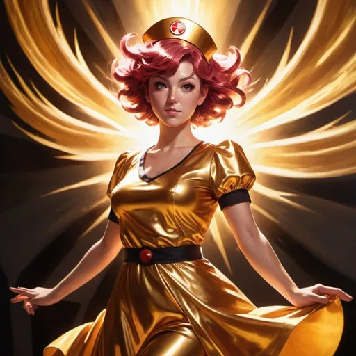 Prompt: Nurse Joy from Pokémon as a sun goddess, molten hair, gold dress, lens flair, sun rays, high contrast, oil painting