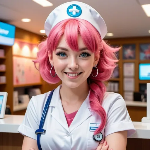 Prompt: a beautiful woman as Nurse Joy from Pokemon with elaborate pink hair and bangs, posing for photo behind reception desk with smile, interior of Pokemon Center, clean white lighting, high contrast, detailed face, large blue eyes, 8k