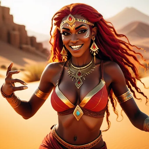 Prompt: a beautiful  and fit dark skinned Gerudo woman from Legend of zelda is dancing in desert, with massive cleavage, large chest, long pointy elf ears, long neon red hair, detailed face, gold hena makeup, gold earrings, gypsy attire, sunset, high contrast, realism, happy expression 