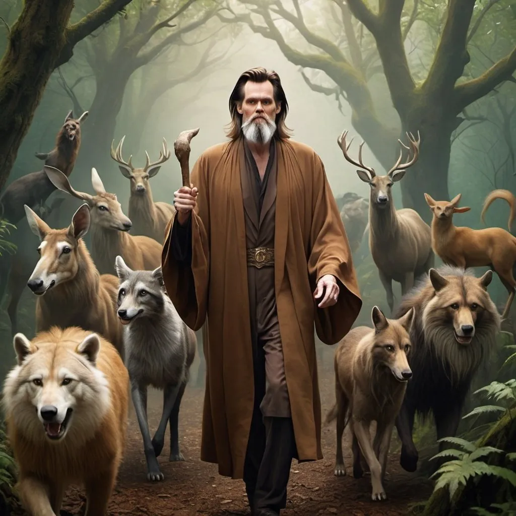 Prompt: jim carrey as an animal wizard with long brown beard, wearing brown robes, walking with animals through old mystical forest, fog, realistic, detailed face,