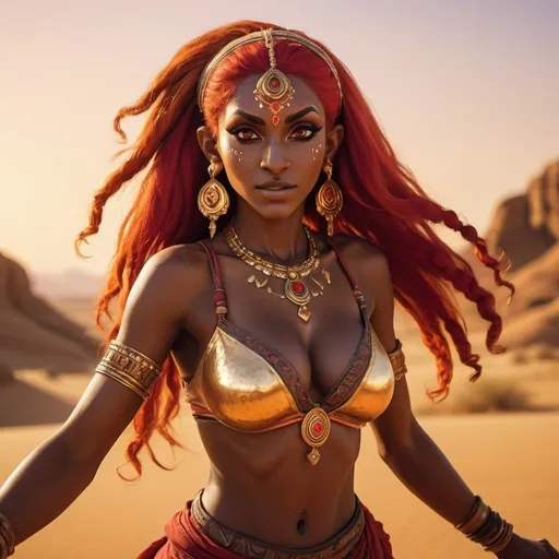 Prompt: a beautiful  and fit dark skinned Gerudo woman from Legend of zelda is dancing in desert, with massive cleavage, large chest, long pointy ears, long neon red hair, detailed face, gold hena makeup, gold earrings, gypsy attire, sunset, high contrast, realism
