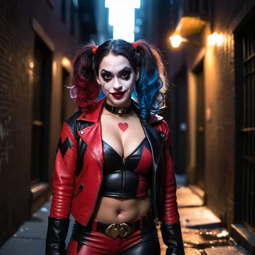 Prompt: a 28 year old Puerto Rican woman with dark curly hair dressed as Harley Quinn from Batman, realistic, photo, posing for photo, new york alleyway, night time, heavy shadows, high contrast