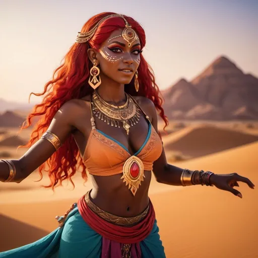 Prompt: a beautiful dark skinned Gerudo woman from Legend of zelda is dancing in desert, with massive cleavage, pointy ears, long neon red hair, detailed face, hena makeup, gold earrings, pointy nose, gypsy attire, sunset, high contrast, realism