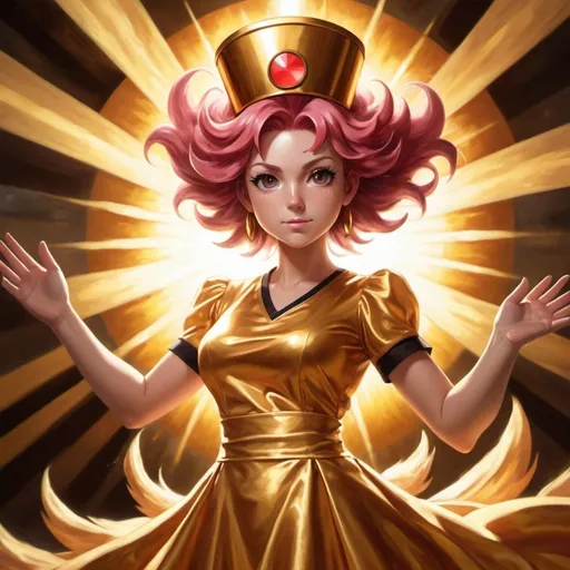 Prompt: Nurse Joy from Pokémon as a sun goddess, molten hair, gold dress, lens flair, sun rays, high contrast, oil painting
