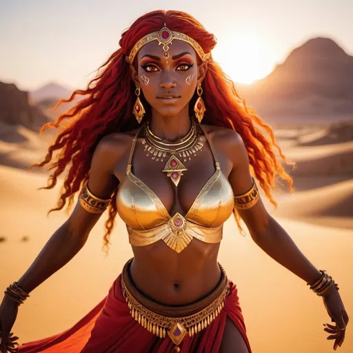 Prompt: a beautiful  and fit dark skinned Gerudo woman from Legend of zelda is dancing in desert, with massive cleavage, large chest, long pointy ears, long neon red hair, detailed face, gold hena makeup, gold earrings, gypsy attire, sunset, high contrast, realism