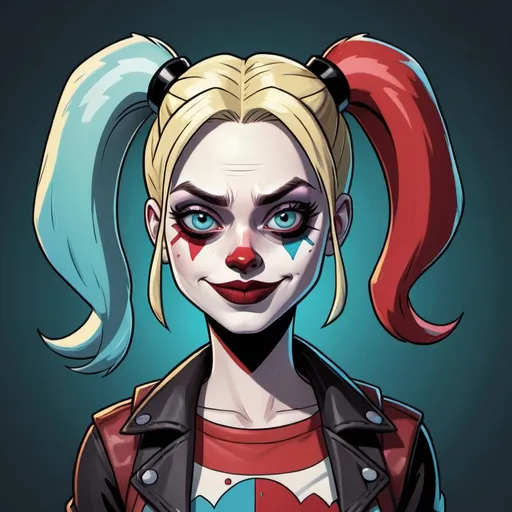 Prompt: Harley Quinn drawn in Rick and Morty style, 2d, illustration 