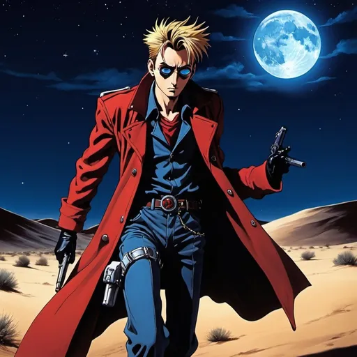 Prompt: side view, Young adult David Tennant as Vash the Stampede from Trigun, is running across a desert scape, night time, starry sky, high contrast, blue moonlight, realistic, dynamic