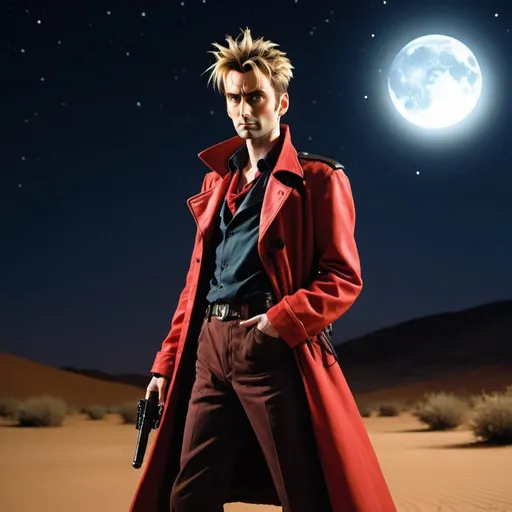 Prompt: side view, Young adult David Tennant as Vash the Stampede from Trigun, is posing in a desert scape, night time, starry sky, high contrast,moonlight, realistic, dynamic, lens flare