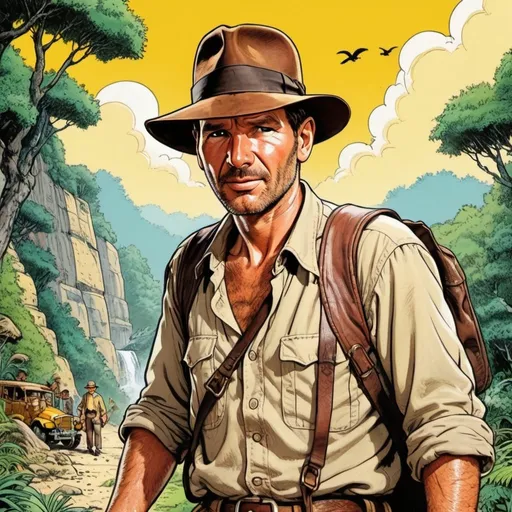 Prompt: detailed, vibrant illustration of a Indiana Jones, by Herge, in the style of Tin-Tin comics, vibrant colors, detailed, sunny day, attention to detail, 8k