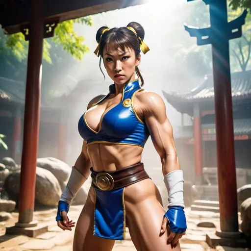 Prompt: posterior view, chun li from street fighter with a massive bottom, large chest, thick muscular thighs, tight pants, sweating,  is posing in an ancient chinese battle arena, day light, jungle, lens flare,  high contrast