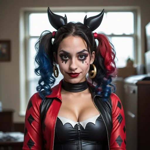 Prompt: a 28 year old Puerto Rican woman with dark curly hair dressed as Harley Quinn from Batman, realistic, photo