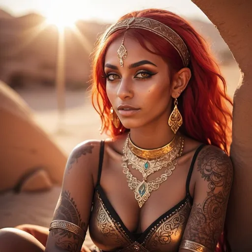 Prompt: 1girl, a dark skinned arabic woman with neon red hair, sharp pointy elf ears, large chest, gypsy attire, detailed henna makeup, gold jewelry, resting in oasis, sun setting, high contrast, lens flare, detailed face, realistic