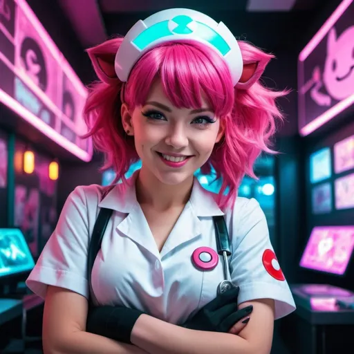 Prompt: a beautiful woman as Nurse Joy from Pokemon with elaborate pink hair and bangs, posing for photo with smile, interior of cyberpunk Pokemon Center, futuristic, high contrast, detailed face, 8k, neon lighting, pokeball holograms