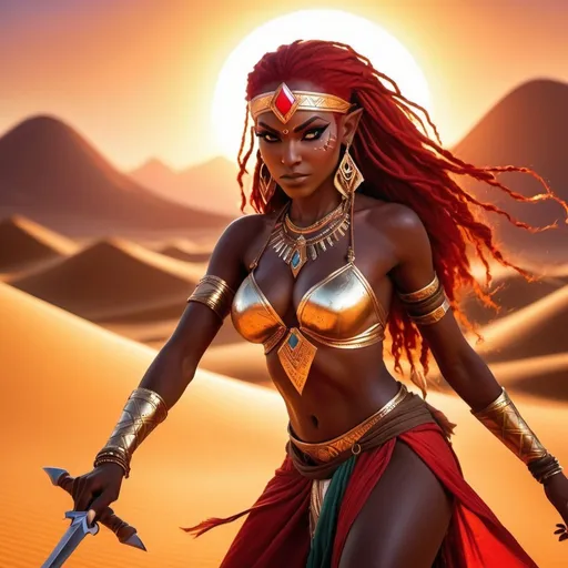 Prompt: a beautiful and fit dark skinned Gerudo woman from Legend of zelda is dancing with spear in the desert, with massive cleavage, long pointy elf ears, long neon red hair, detailed face, gold hena makeup, gold earrings, gypsy attire, sunset, high contrast, realism,  detailed face, lens flare