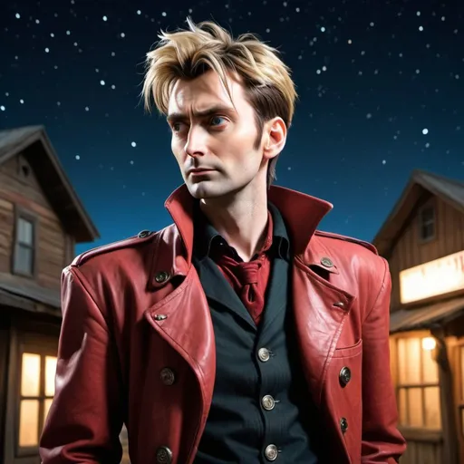 Prompt: side view, Young adult David Tennant as Vash the Stampede from Trigun, is posing in a western rustic town, night time, starry sky, high contrast star light, milky way, galaxy, realistic, detailed face