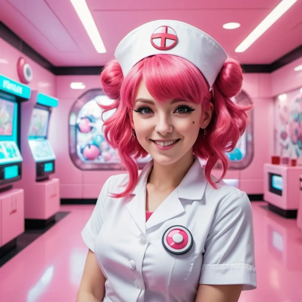 Prompt: a beautiful woman as Nurse Joy from Pokemon with elaborate pink hair and bangs, posing for photo with a wink and a smile, interior of futuristic Pokemon Center, futuristic, high contrast, detailed face, 8k, pokeballs