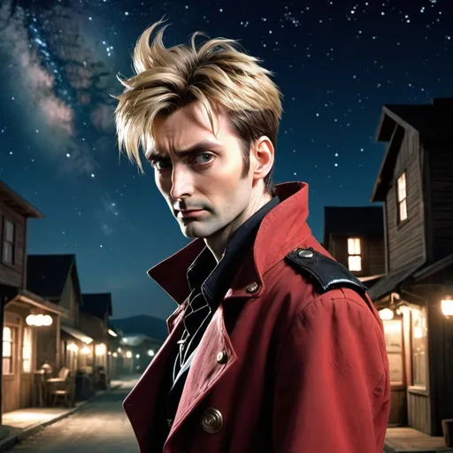 Prompt: side view, Young adult David Tennant as Vash the Stampede from Trigun, is walking in a western rustic town, night time, starry sky, high contrast star light, milky way, galaxy, realistic, detailed face, dynamic
