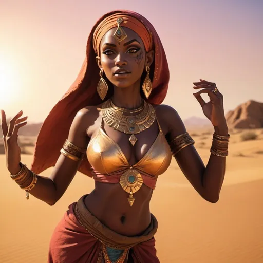Prompt: a beautiful dark skinned Gerudo woman from Legend of zelda is dancing in desert, with massive cleavage, pointy ears, detailed face, hena makeup, gold earrings, gypsy attire, sunset, high contrast, realism