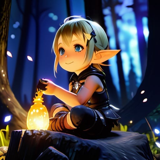 Prompt: A short female Lalafell from Final Fantasy 14 with pointy elf ears and small dog nose, , is sitting on a stump in a dark forest surrounded by bright luminous fireflies, night time, happy expresion, high contrast, detailed face, realism, 4k